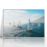 Mid-century modernist style large art print of a sailboat on acrylic, featuring muted blue and white tones.