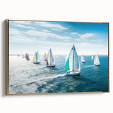 Framed canvas of a vintage sailboat, rendered in black with colorful accents, ideal for nautical-themed decor.