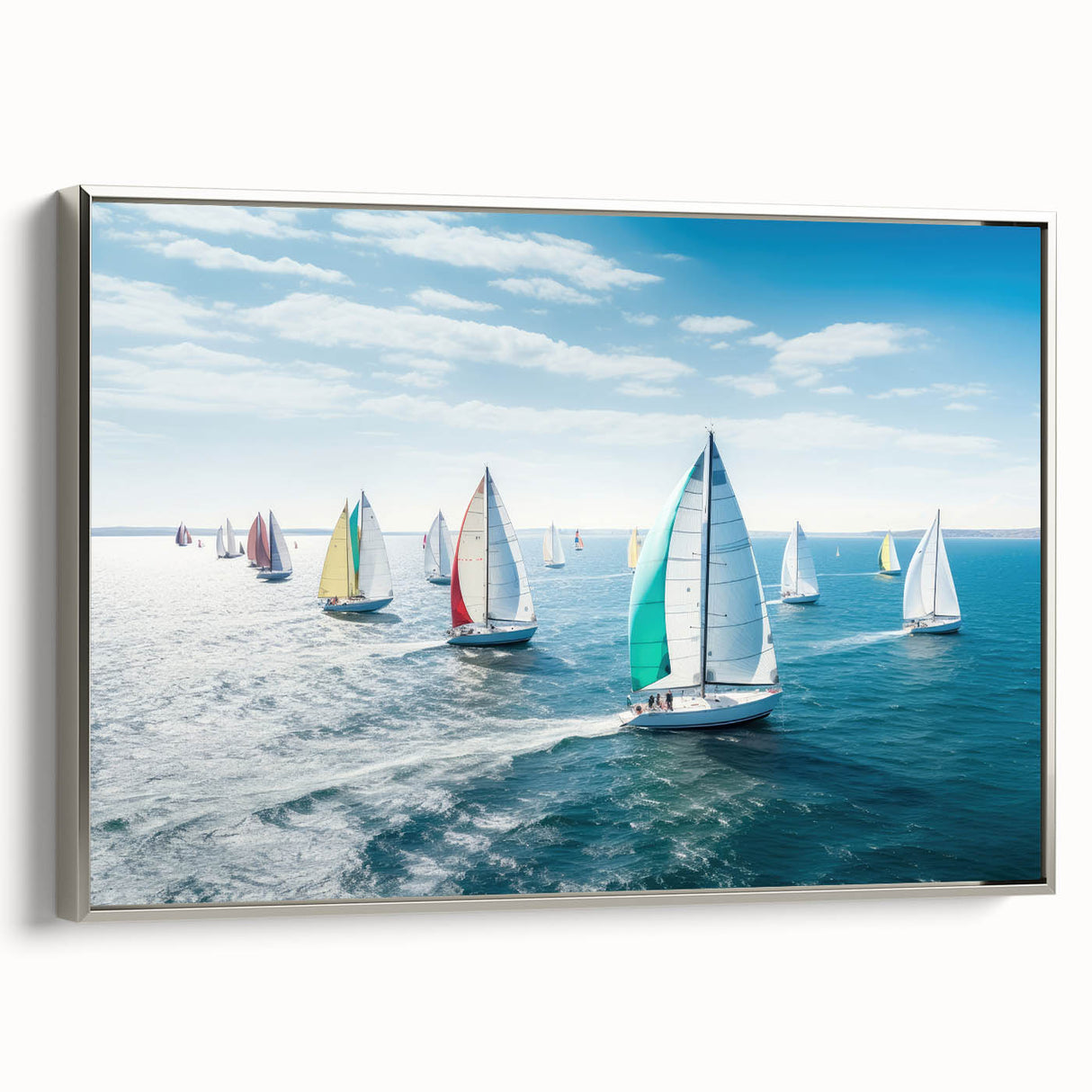 Vintage poster art of a sailboat in colorful hues on a black background, framed canvas, ideal for living room decor.
