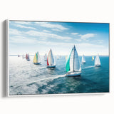 Sailboat on serene water depicted in a vintage poster style, framed canvas in black and white, ideal for bedroom wall decor.