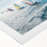 Art deco poster featuring a stylized sailboat on rolled canvas, in cool blue tones, ideal for dining room wall art.