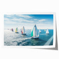 Sailboat on calm waters depicted in soft blue and white tones on a rolled canvas, suitable for dining room wall decor.