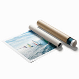 Extra large rolled print of a sailboat on a calm sea, in muted blue and gray tones, ideal for classy bathroom wall decor.