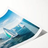 Extra large wall art featuring a minimalist line art of sailboats on a rolled canvas.