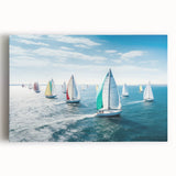 Black and white photo of a sailboat on a calm sea, printed on large stretched canvas, ideal for kitchen wall art.