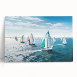 Black and white photo of a sailboat on calm waters, printed on large stretched canvas.
