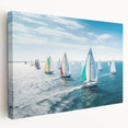 Sailboat on a vibrant blue ocean, printed on stretched canvas, ideal for kitchen wall art.