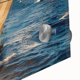 Large abstract wall art print of a sailboat on acrylic glass, featuring mid-century modernist style and blue tones.