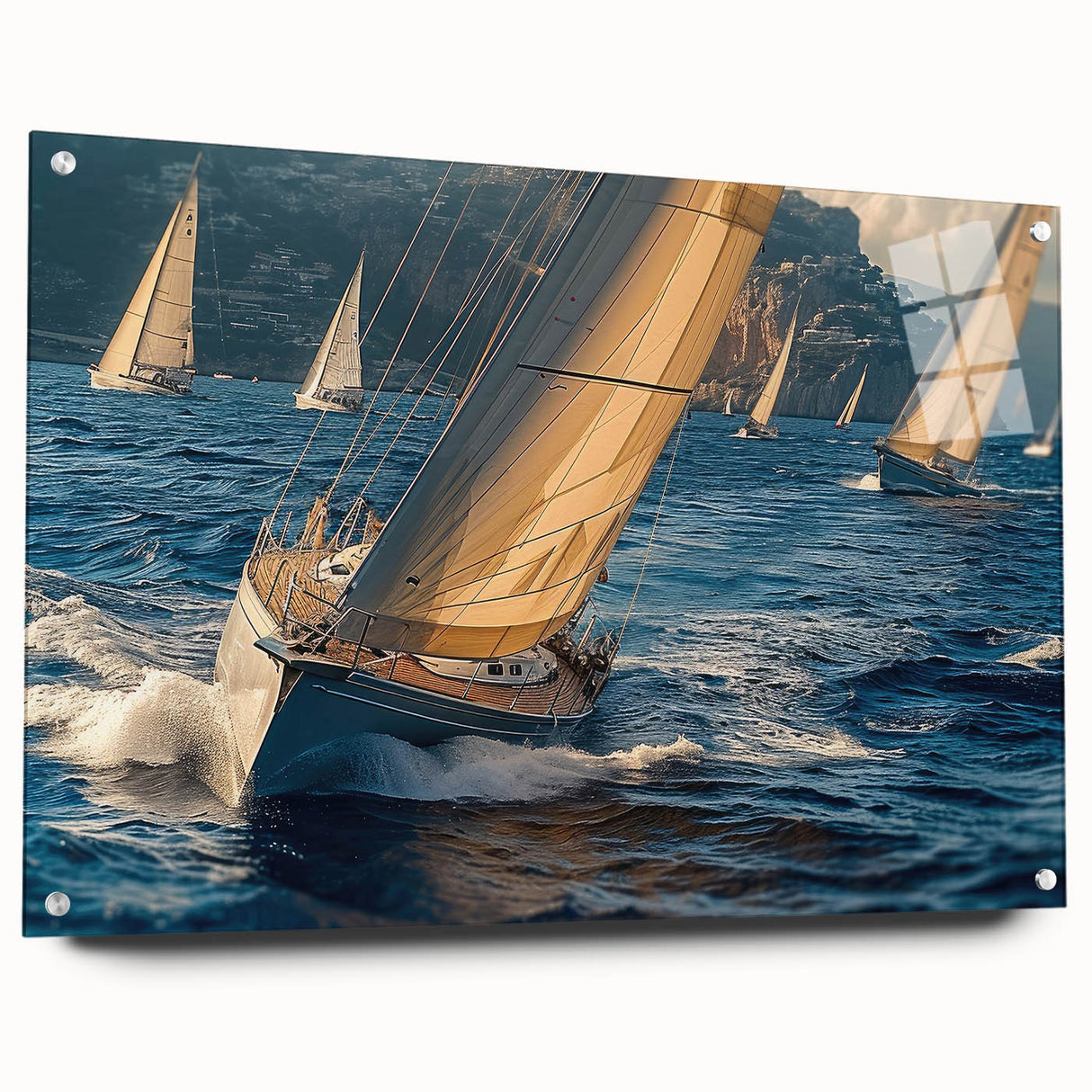 Side view of a large abstract sailboat depicted in cool blue tones on an acrylic glass.