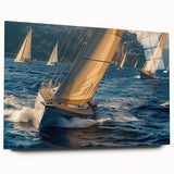 Acrylic print of a large abstract sailboat in muted blue and white, ideal for bedroom or dining room art.