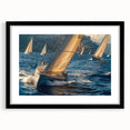 Colorful abstract art print of a sailboat, in vibrant blue and orange tones on a large framed canvas.