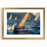 Textured art print of an abstract sailboat in muted blue and gray tones on a framed canvas, suitable for bedroom art.