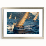 Abstract art print of a sailboat in muted blue and white tones on a framed canvas, suitable for dining room decor.