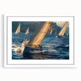 Extra large abstract art print of a sailboat, featuring textured blue and white tones on a framed canvas.