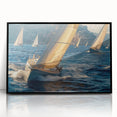 Large abstract wall art featuring a sailboat in muted blue and gray tones, framed in black acrylic.
