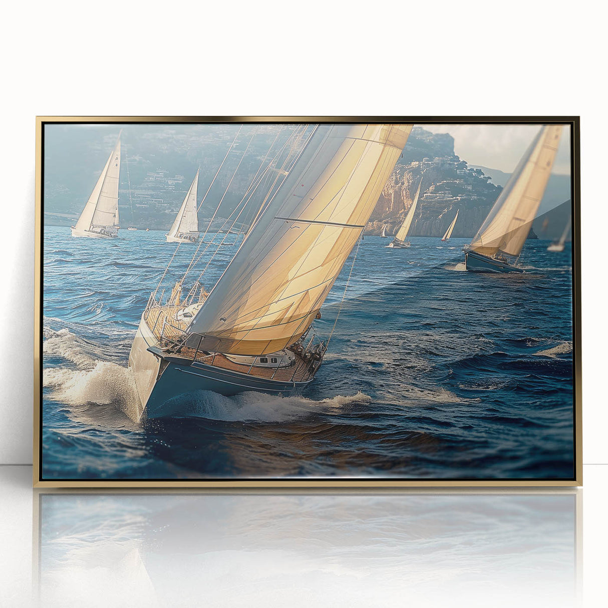 Mid-century modernist art of a sailboat in muted blue and white tones, acrylic print framed in gold.