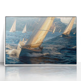 Framed acrylic print of a mid-century modernist sailboat on a calm sea, in muted blue and white tones.