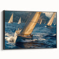 Black and white wall art of a sailboat on calm waters, framed canvas, ideal for bedroom landscape decor.
