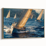 Framed canvas of a vintage sailboat in colorful art style, ideal for enhancing a nautical-themed room decor.