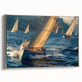 Vintage poster art of a colorful sailboat on black background, framed canvas, ideal for living room decor.