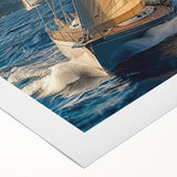 Art deco poster of a sailboat, featuring sharp geometric shapes and a monochrome palette, printed on rolled canvas.