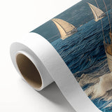 Art deco style sailboat illustration in pastel blue and cream on rolled canvas, suitable for nursery wall art.