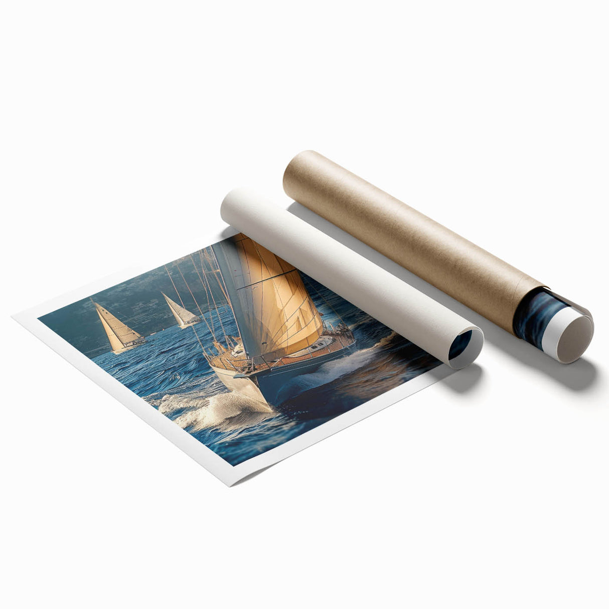 Extra large wall art depicting sailboats on a muted blue and gray ocean, printed on rolled canvas.