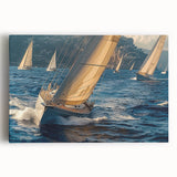 Black and white photograph of a sailboat on calm waters, printed on large stretched canvas, suitable for kitchen wall art.