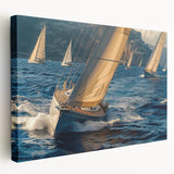 Sailboat on a calm sea depicted in soft blue and white tones on a large stretched canvas, suitable for kitchen wall art.