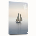 Acrylic print of a side view of a sailboat, in muted blue and white tones, suitable for dining room decor.