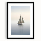 Colorful abstract art print of a sailboat in vibrant blue and orange hues on a large textured canvas.