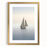 Textured art print of an abstract sailboat in gold and blue tones on a framed canvas, suitable for bedroom decor.