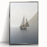 Art deco style sailboat acrylic print in silver frame, featuring cool blue and white tones, suitable for nursery wall art.