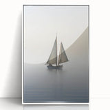 Mid-century modernist style sailboat on calm waters, in muted blue and white tones, framed acrylic print.