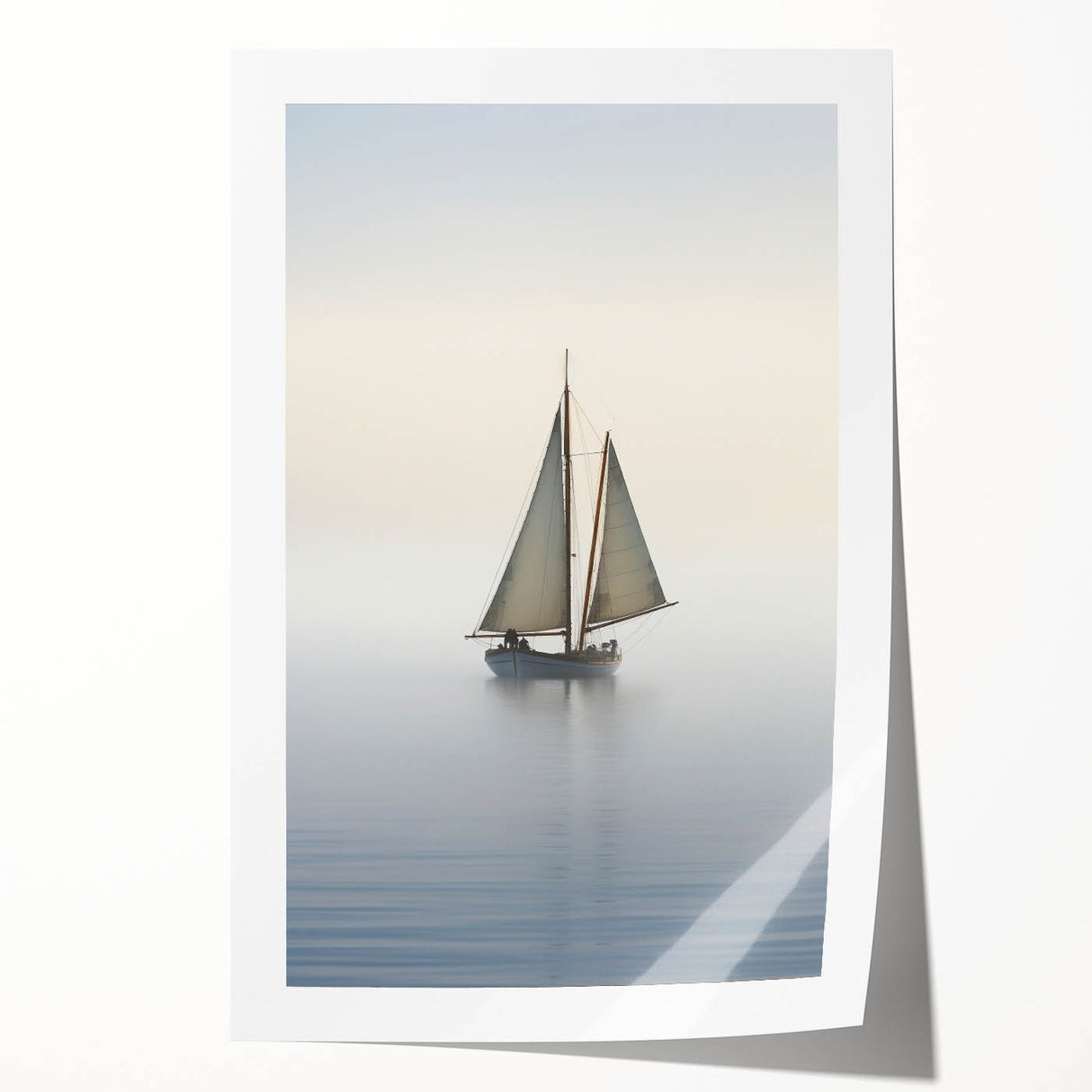 Extra large rolled print of a sailboat on a calm sea, in muted blue and gray tones, ideal for dining room wall art.