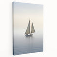 Sailboat on a calm sea depicted in soft blue and white tones on a large stretched canvas, suitable for kitchen wall decor.