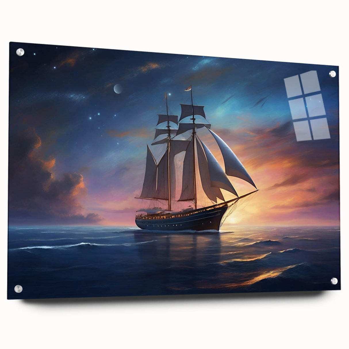 Acrylic print of a large abstract sailboat in muted blue and white tones, suitable for bedroom or dining room decor.