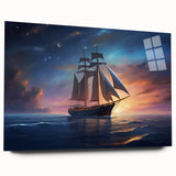 Side view of a large abstract sailboat print in muted blue tones on acrylic glass, ideal for bedroom or dining room art.