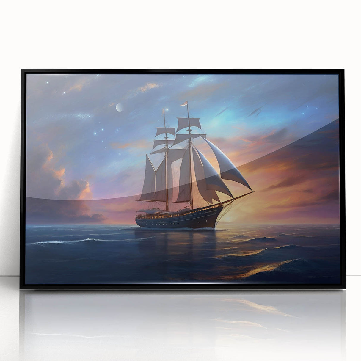Large abstract wall art depicting a sailboat in muted blue tones on a framed acrylic, ideal for modern living room decor.