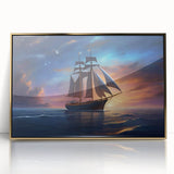 Mid-century modernist art depicting a sailboat, in gold and blue tones on framed acrylic, suitable for nursery wall art.