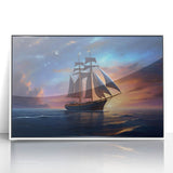 Framed acrylic print of a mid-century modernist sailboat, using muted blue and white tones, ideal for nursery wall art.