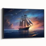 Black and white framed canvas featuring a vintage sailboat on calm waters, ideal for bedroom wall decor.