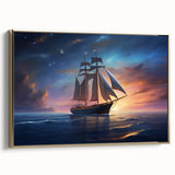 Framed canvas of a vintage sailboat on a colorful sea, ideal for enhancing a nautical-themed room decor.