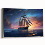 Vintage poster art of a sailboat, featuring colorful art on a black background in a silver-framed canvas.