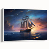 Framed canvas depicting a vintage sailboat in black, ideal for bedroom wall art.
