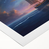 Art deco poster of a sailboat in muted blues and whites on rolled canvas, suitable for dining room decor.