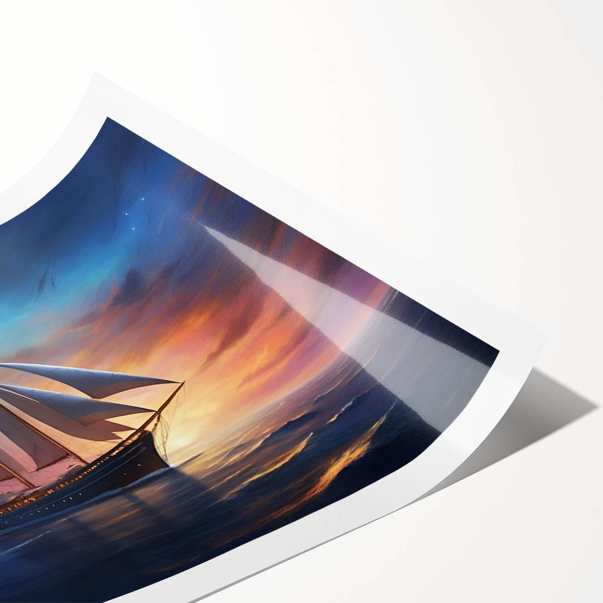 Extra large wall art featuring a sailboat on calm waters, rendered in muted blue tones on rolled print canvas.