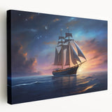 Sailboat on a calm sea depicted in muted blue and white tones on a stretched canvas, suitable for kitchen wall art.