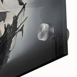 Large abstract sailboat art print in muted blue and gray on acrylic glass, suitable for dining room ambiance.