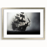 Abstract art print of a stylized sailboat in muted blue and gray tones on a framed silver mat, ideal for dining room decor.